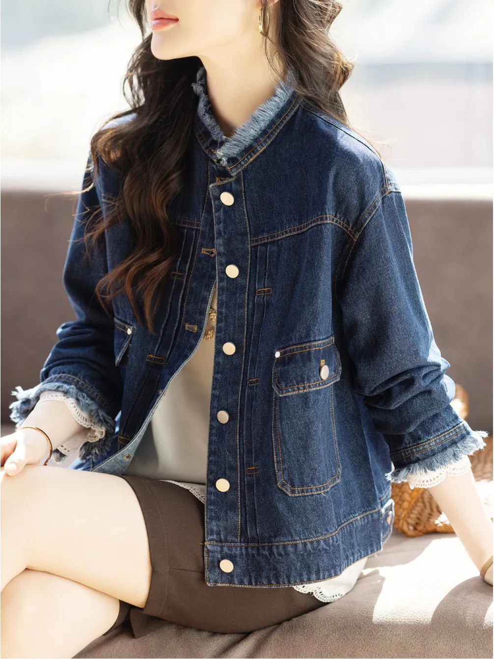 

Джинсовая ткань с талией в стиле ретро, женская весенне-осенняя маленькая меховая верхняя одежда с воротником-стойкой, свободная посадка, обычная тонкая женская верхняя одежда