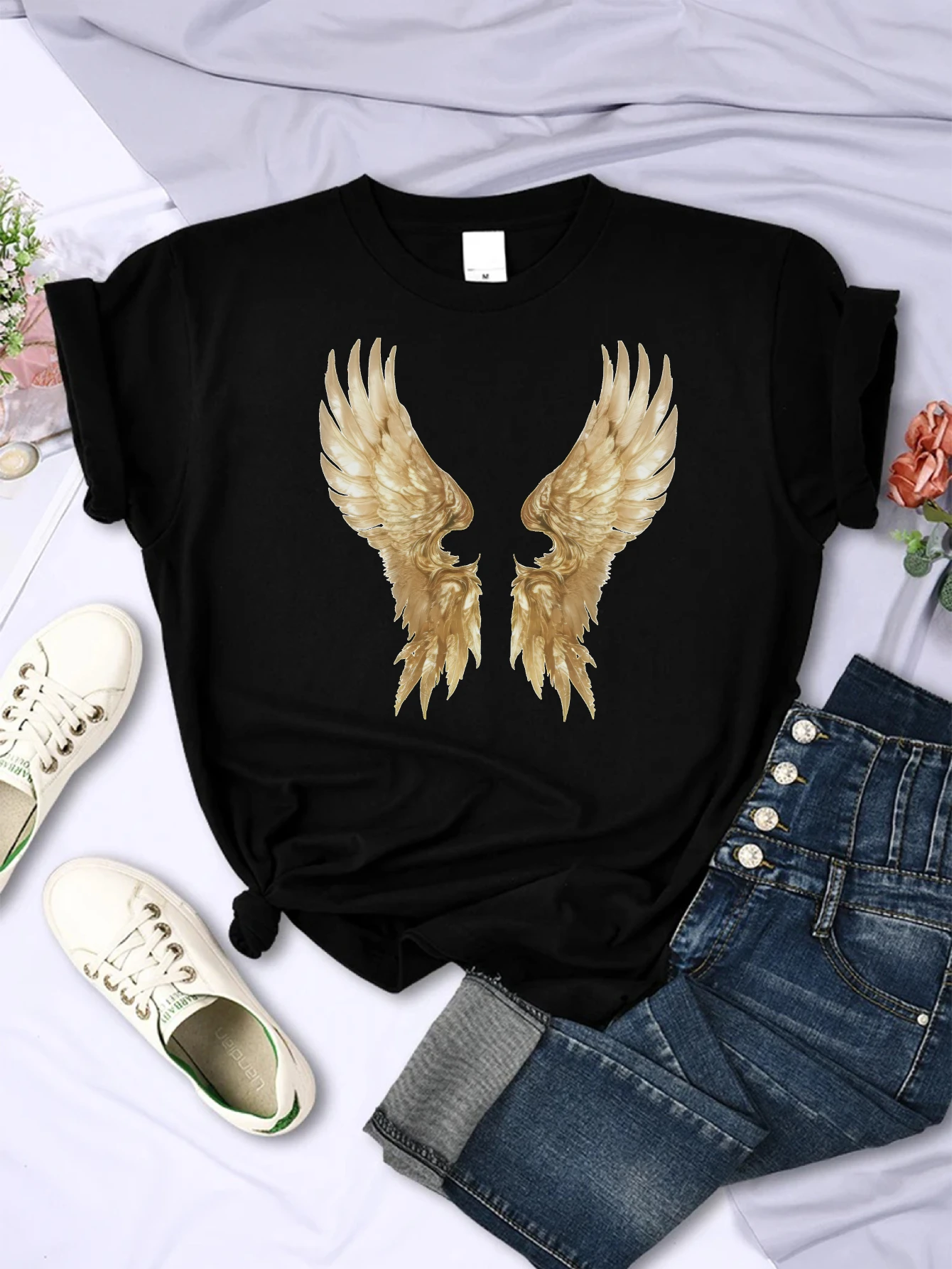 Aquarelle or ailes d'ange Clipart confortable coupe ample col rond T-shirt noël imprimé meilleure vente Style unisexe
