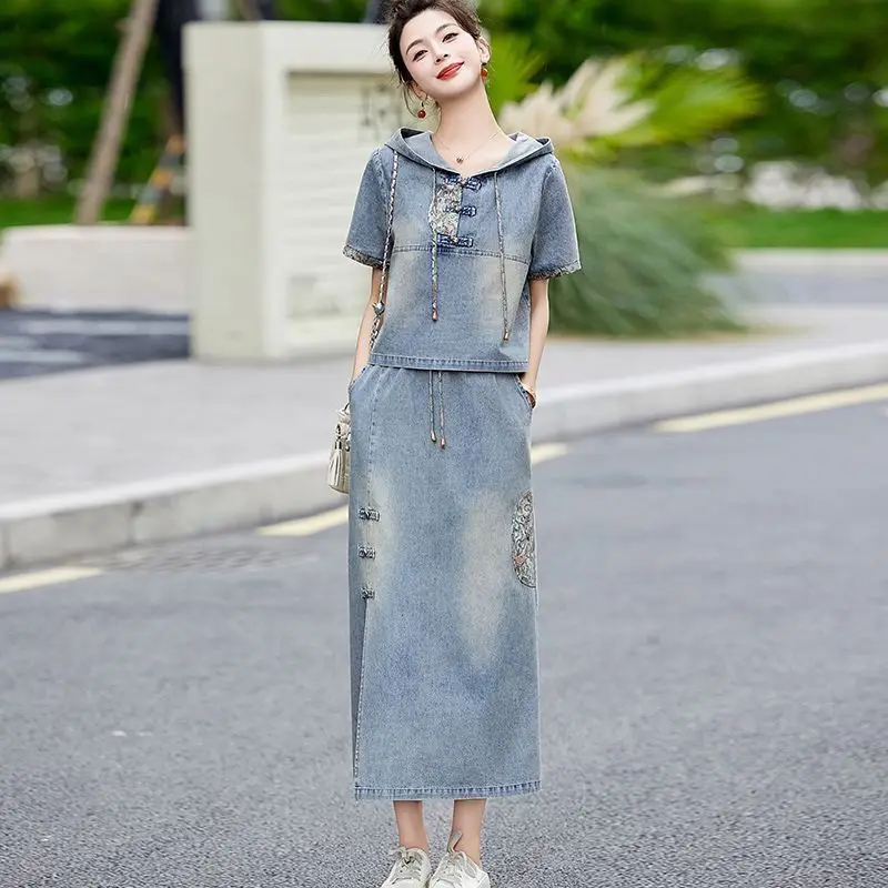 2024 Summer New Chinese Style Denim Two-piece Sets Women Clothes Casual Embroidery Streetwear Ladies Short Sleeve Hooded Suit