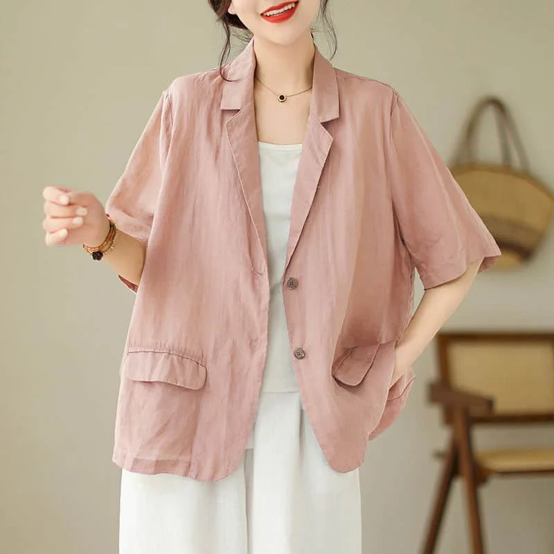 Summer Thin Blazers for Women Vintage Short Sleeve Casual Korean Style Outerwears Mid Length Tailored Collar Coats Women Tops