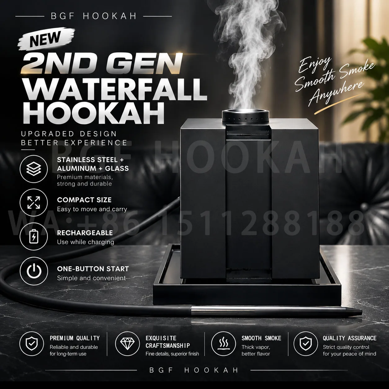 2ND New Waterfall Hookah Stainless Steel Rechargeable Portable Shisha Smoking Set With Led Light