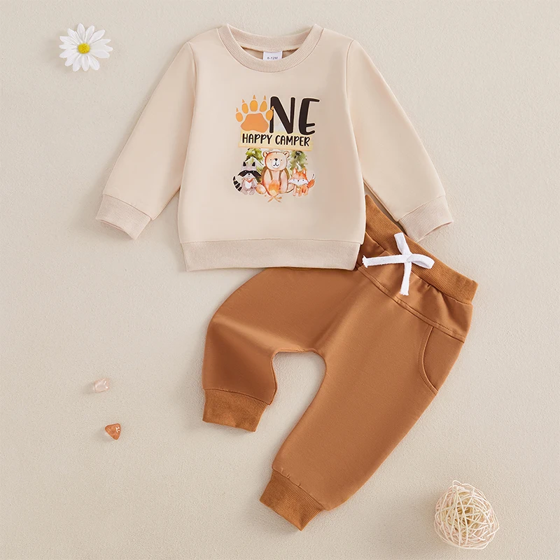 Baby Birthday Outfit Bear Letter Print Long Sleeve Sweatshirt Elastic Waist Pants 2 Piece Set for Boys Girls