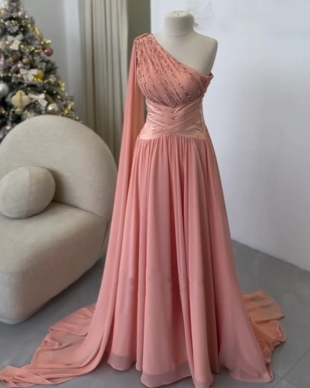 

Customized Simple Chiffon Pleat Beading Sequined A-line One-shoulder Long Bespoke Occasion Party Dresses High Quality