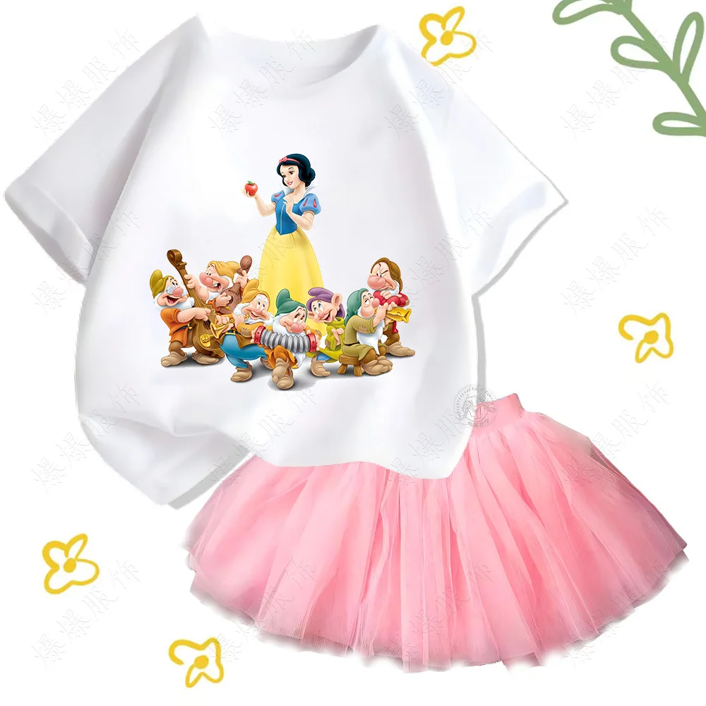 Children\'s Printed Disney Snow White Sets Cotton soft tops T-shirt Casual short sleeves and girls\' fluffy tulle cake short dress