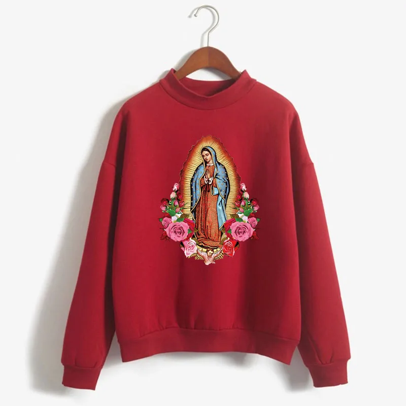 Sweter Wanita Gambar Cetak Virgin Mary Of Guadalupe Manis Korea Kerah O Rajutan Pullover Tebal Musim Gugur Warna Permen Pakaian Wanita