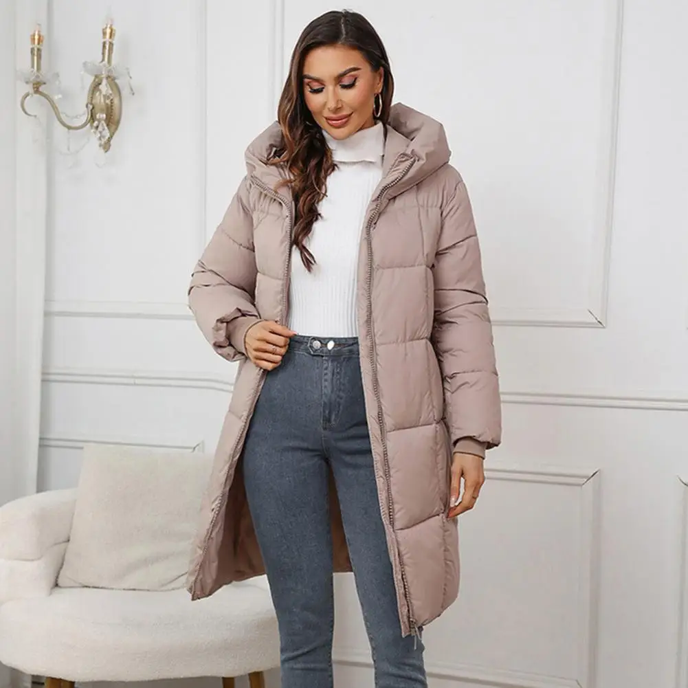 Women Long Hooded Down Jacket Winter Coat Women’s Winter Jacket with Hood Thickened Padded Down Coat Slim Waist Mid-length