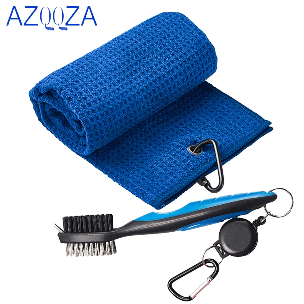 Golf Towels,Waffle Pattern Tri-fold Golf Towel- Brush Tool Kit with Club Groove Cleaner,Golf Gifts (Black Towel+Black Brush)