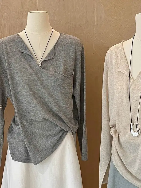 Extra Large Size 300 Pou Thin Knitted Top Women's Long Sve V-Ne Loose Lazy Sle Sunade Cover irt Cotton Polyester