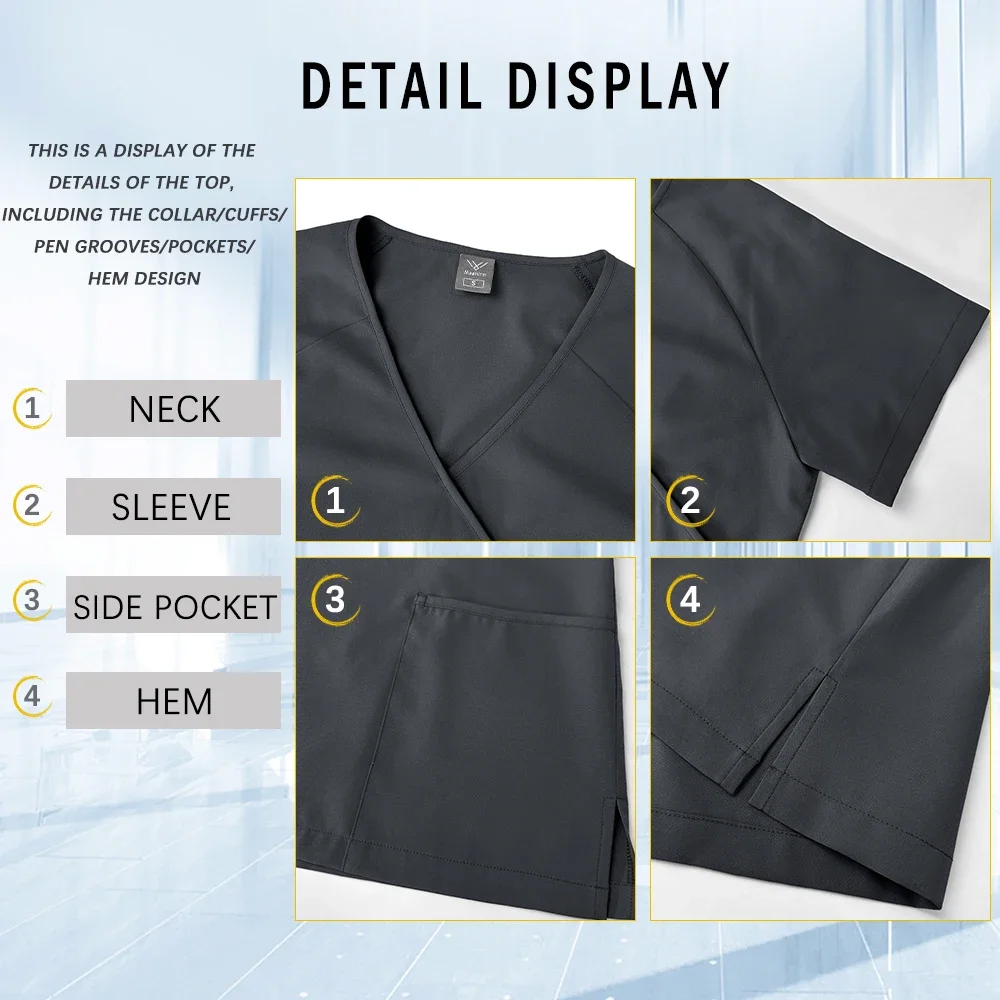 ชุดยูนิฟอร์มแพทย์หญิงแบบสครับ ชุดผ้าสครับยืดหยุ่นสำหรับผู้หญิง ชุดผ่าตัดสำหรับโรงพยาบาล เสื้อแขนสั้น กางเกงขายาวทรงตรง ชุดแพทย์