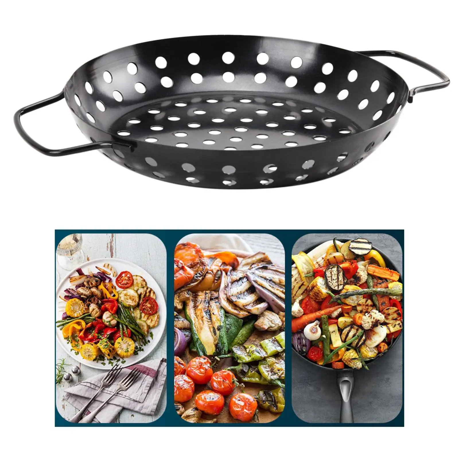 BBQ Grill Pan for Veggie Meat Fruits Roasting with Non Stick Coating - Pizza Grilling Tray - Barbecue Accessories