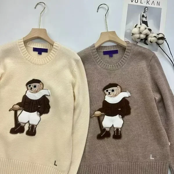 2024 Autumn/Winter Polo Bear Wool Sweater Round Neck Pullover Knit Long Sleeve Loose-Fit British Style Embroidery Sweater