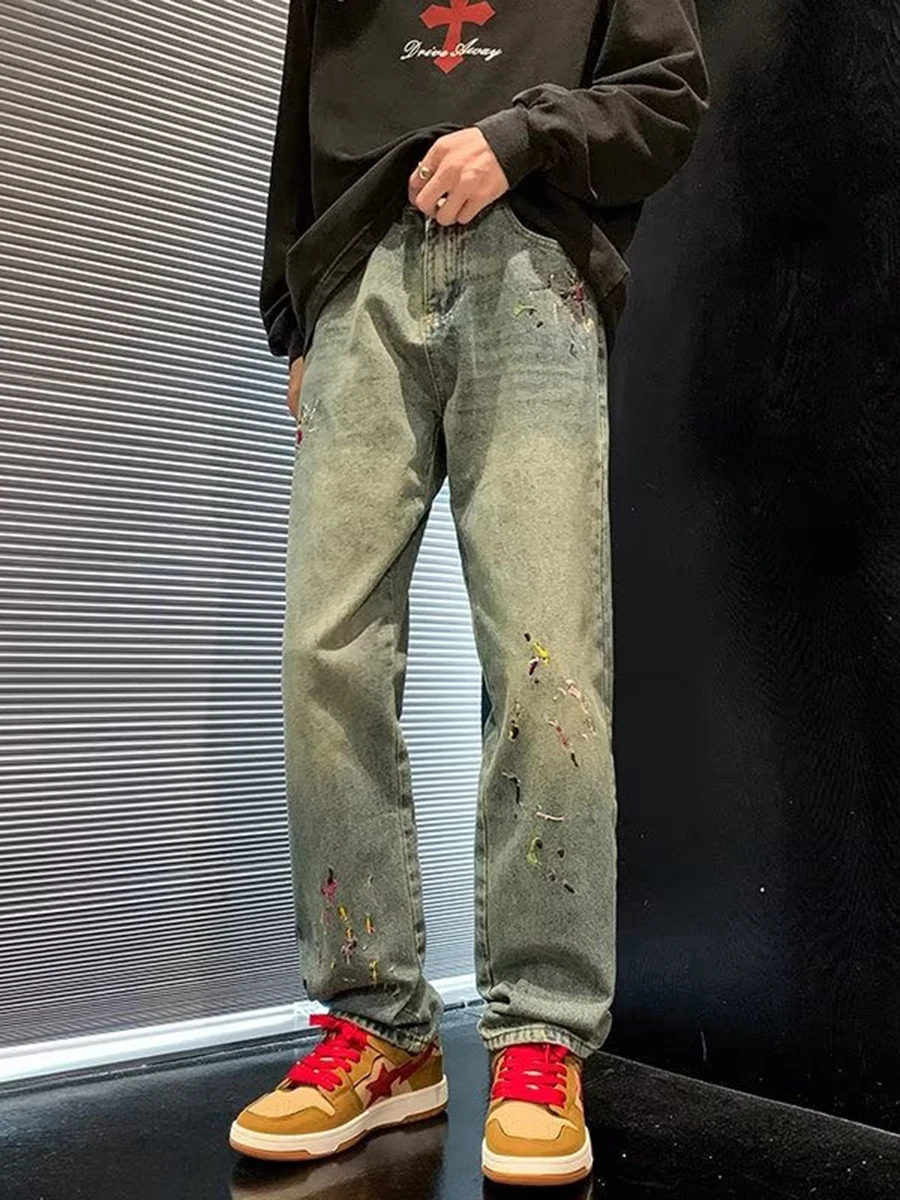 

Мужские джинсы в стиле ретро, американские, из денима, свободного прямого кроя, с вышивкой в виде брызг чернил, широкие повседневные брюки
