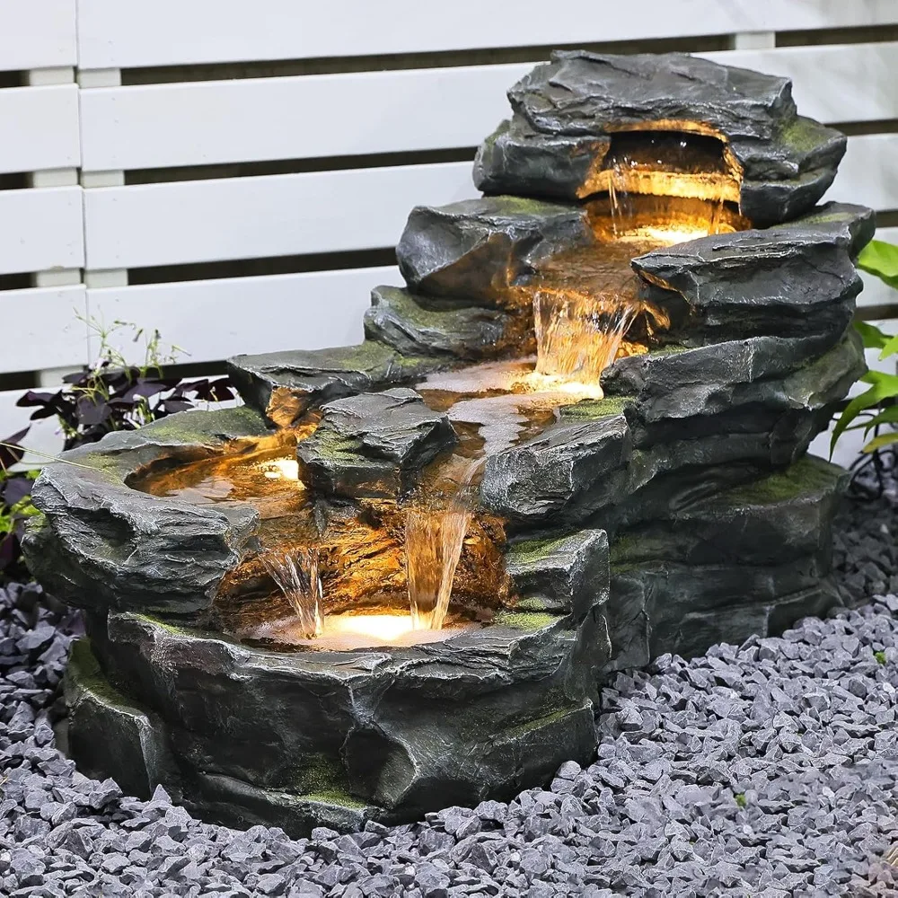 

37" L Garden Outdoor Water Fountain, Floor Standing 5-Tiers Rock Natural Waterfall Outdoor Fountains with LED Lights for Patio,