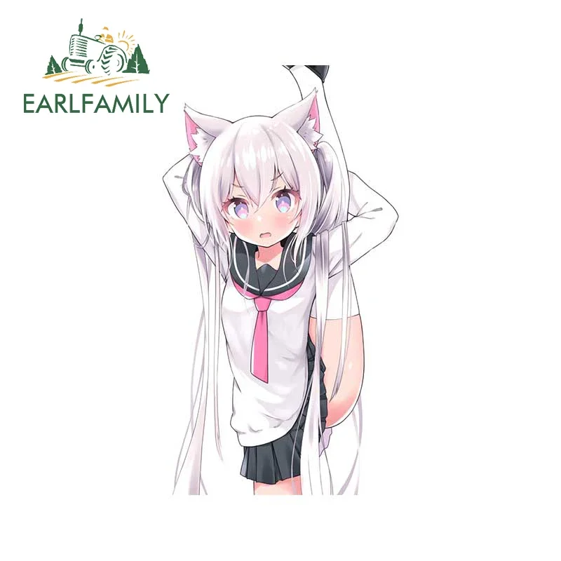 EARLFAMILY 13cm x 7.1cm Cute Loli with Cat Ears Car Stickers Anime Uniform Splits Sunscreen Decals Funny Bumper Car Accessories