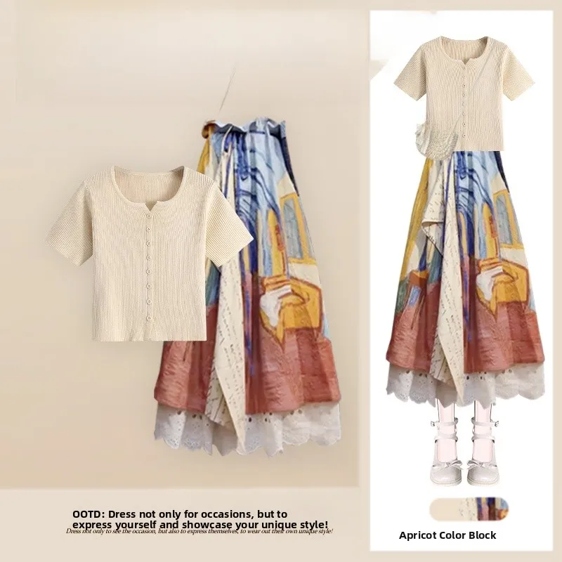 

Simple Knitted Short Sleeve round Neck Open Cardigan T-Shirt Women's Summer New Style Vintage Oil Painting Half Skirt Set