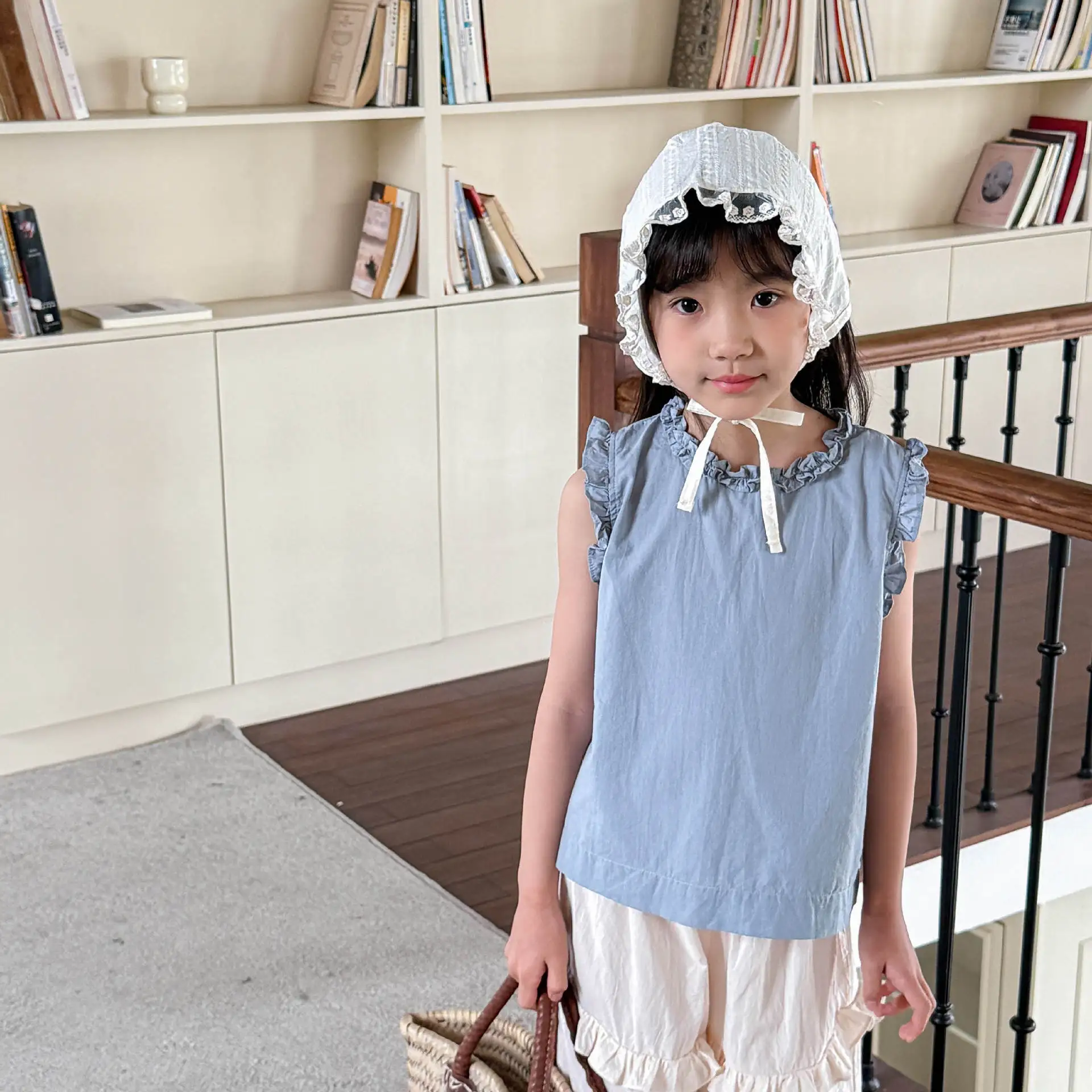 2026 Summer New Korean Style Girls Sleeveless Ruffle Blouse Solid Simple Japan Korea Style Kids Summer Shirt