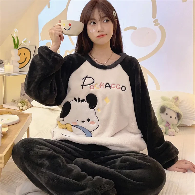 Kulomi winter pajamas pure cotton warm loose thickened round neck long casual two-piece set Sanrio loungewear set womens pajamas