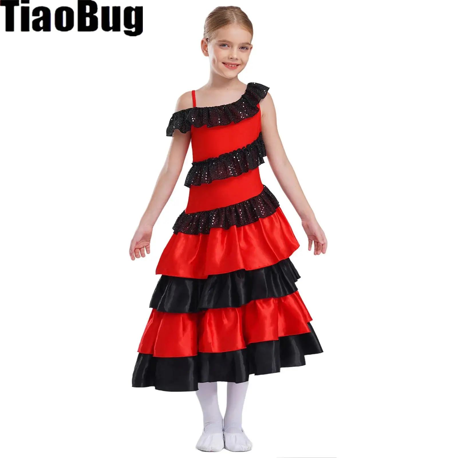 Abito da ballo flamenco per bambina, abbigliamento da ballo, spalle scoperte, abito in raso con volant a strati e blocchi di colore per costume da spettacolo
