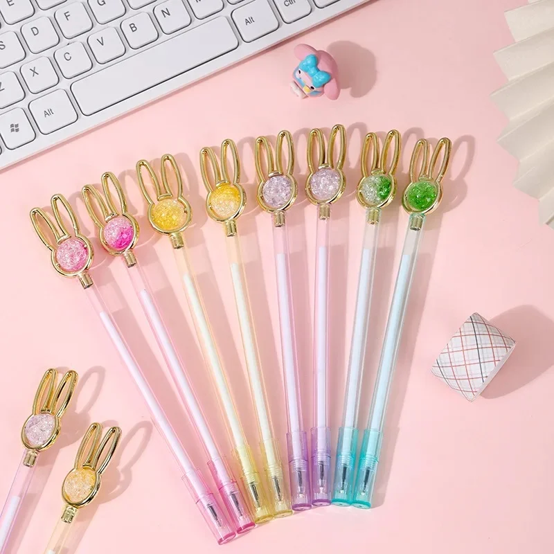 4PCS/Lot Kawaii Crystal Bunny Ear Gel Pen, Macaron Pastel Glitter Rabbit Black Ink Writing Pen, Cute Student Office Stationery