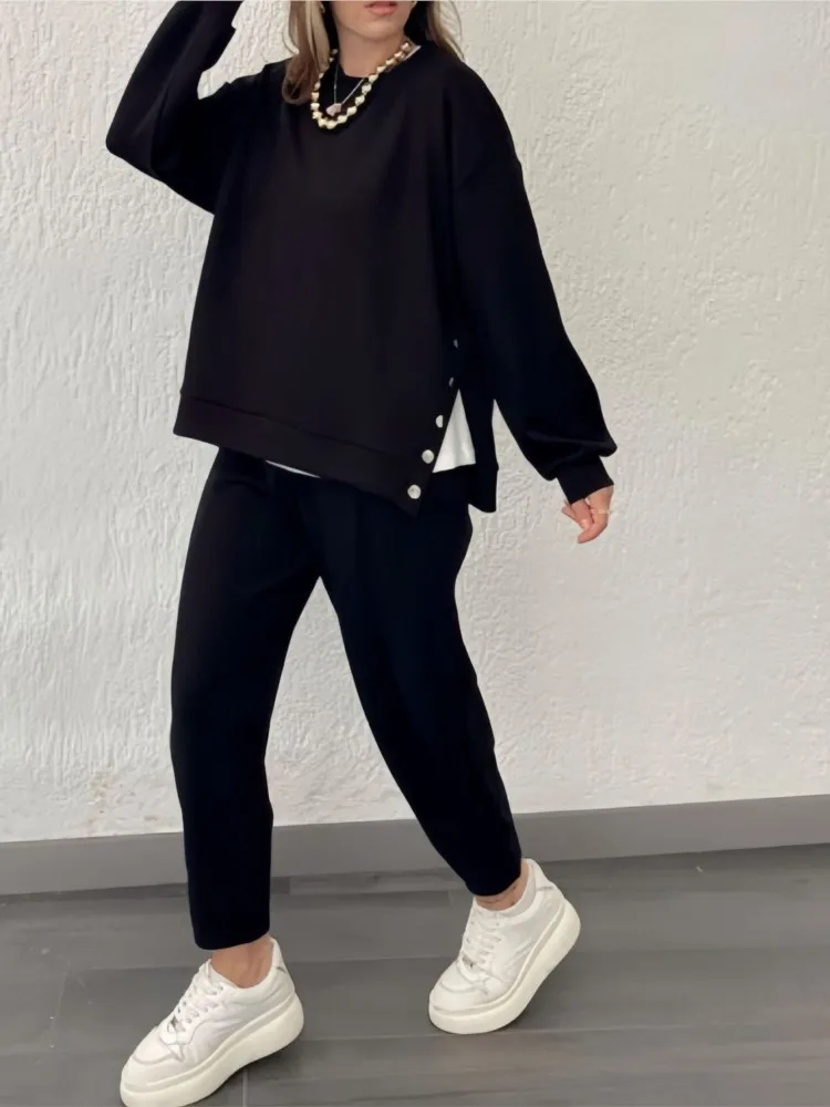 2025 outono inverno casual botão solto conjuntos de duas peças moda feminina novo o pescoço agasalho sweatshirts dividir topos calças compridas terno