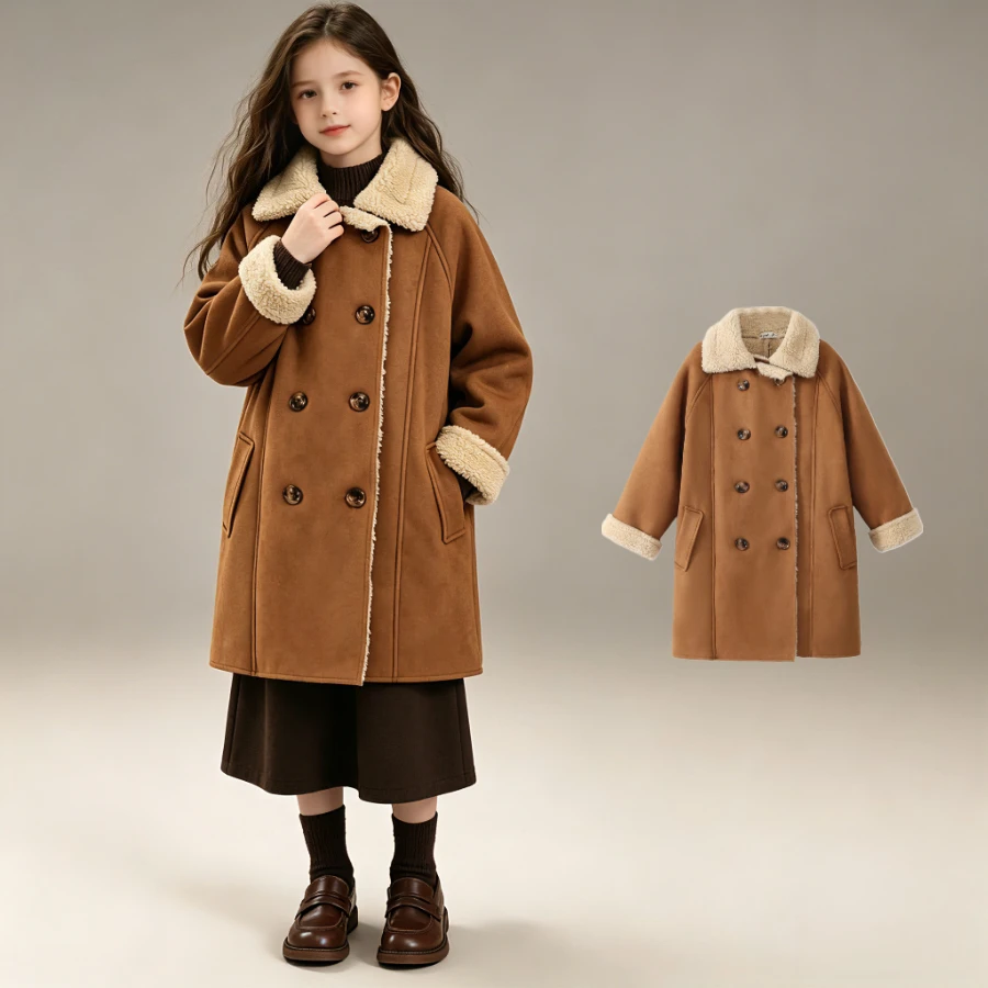 Girls Suede Winter Coat Sherpa Fleece Collar Double Breasted Mid-Length Warm Jacket with Pockets Kids Elegant Outerwear 4-12Y
