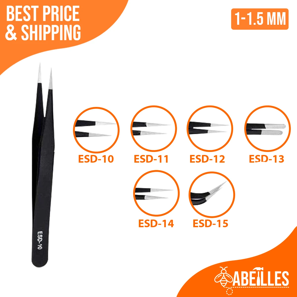 Pincettes antistatiques en acier inoxydable ESD-10 ESD-11 ESD-12 ESD-13 ESD-14 ESD-15 1.0MM 1.5MM