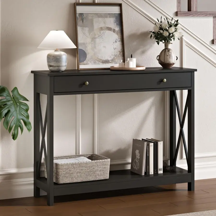 

Black Console Table with Drawer and Storage Shelves, Foyer Sofa Table Narrow for Entryway, Living Room, Hallway