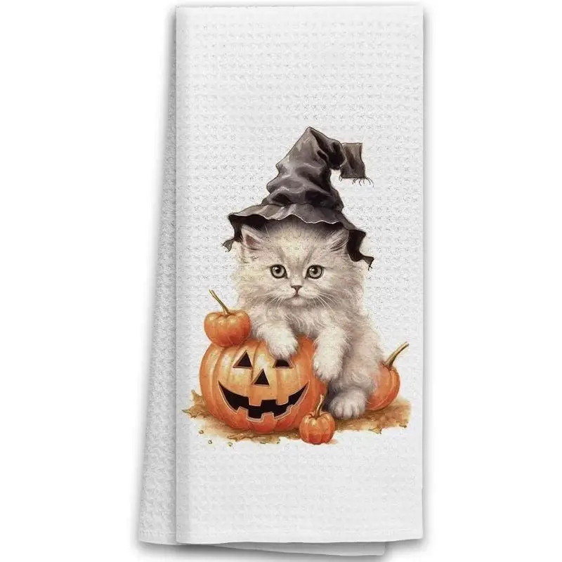 Pack of 1, rustic towels with cat and pumpkin designs and pattern prints, dish towels, hand towels