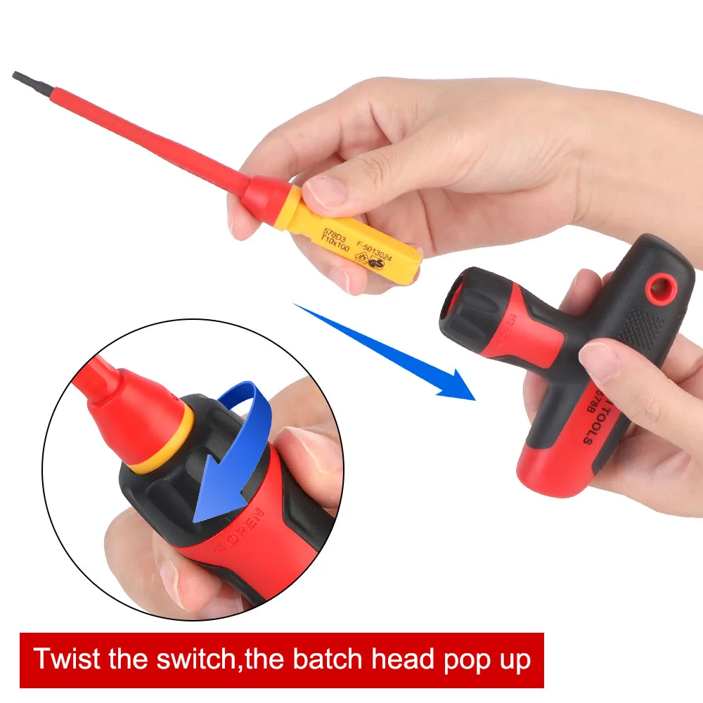 T-shaped Screwdriver kits Electronic Insulated 1000V CR-V Magnetic Tip with Phillips Slotted Torx Bits
