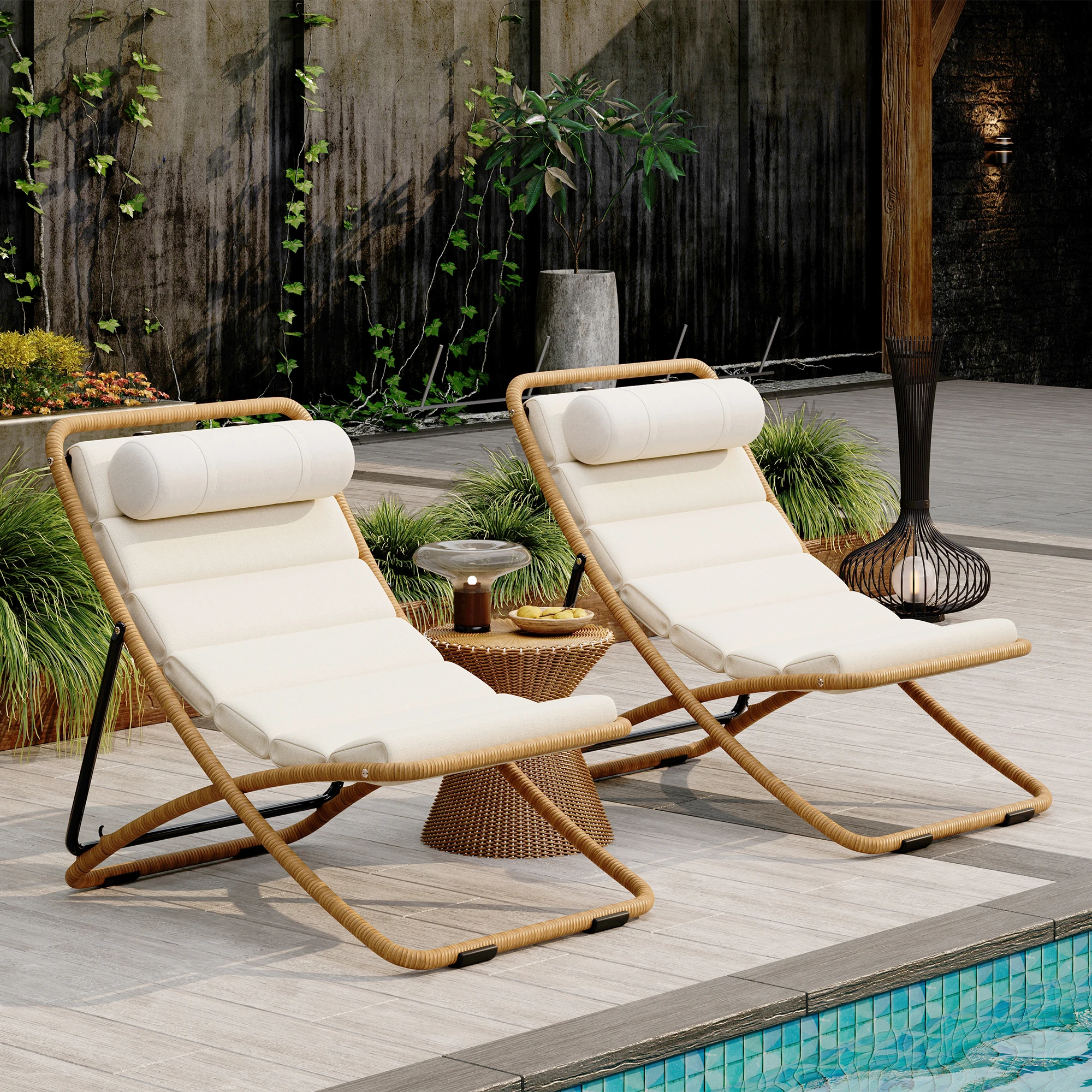 

2-Pieces Outdoor Folding Chair, Rattan-Wrapped Patio Chair with Adjustable Backrest, Thick Cushion, and Detachable Headrest