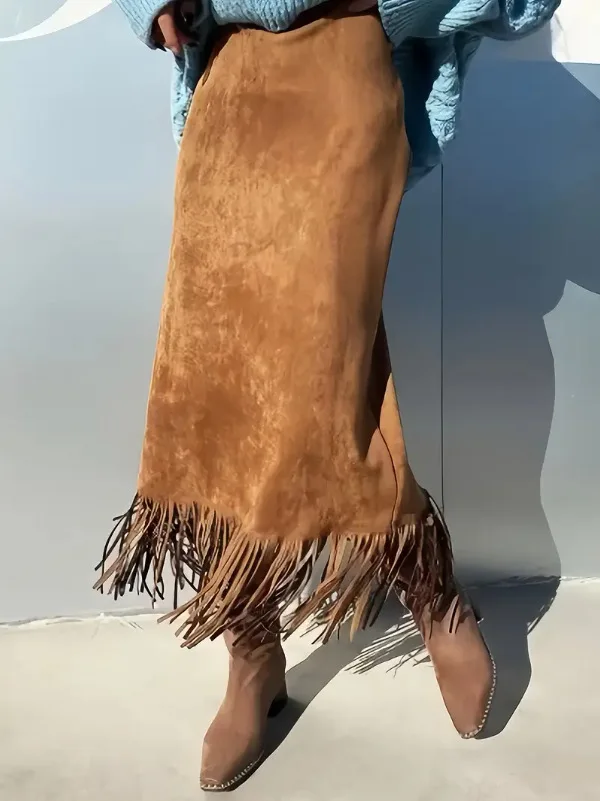 

Casual Suede Skirt For Women Autumn Winter Fashion New Office Lady Commuting Solid Color High Waist Tassel Long Skirt