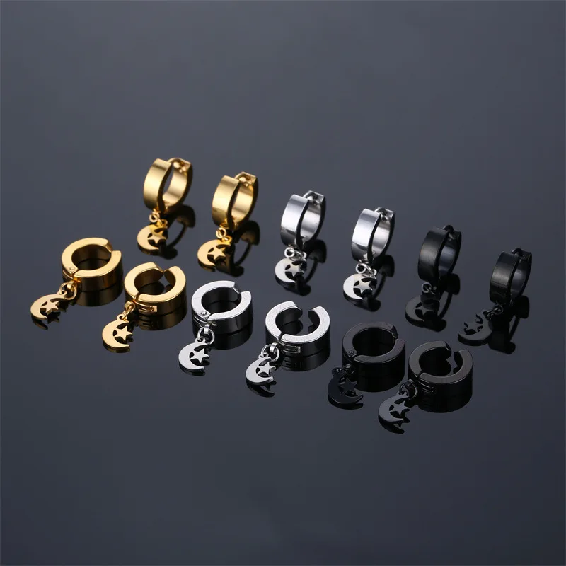 

Fashion Punk Style Stainless Steel Star Moon Hoop Earring For Women 2023 Trendy Ear Clips Unisex Fake Earrings Charm Jewelry