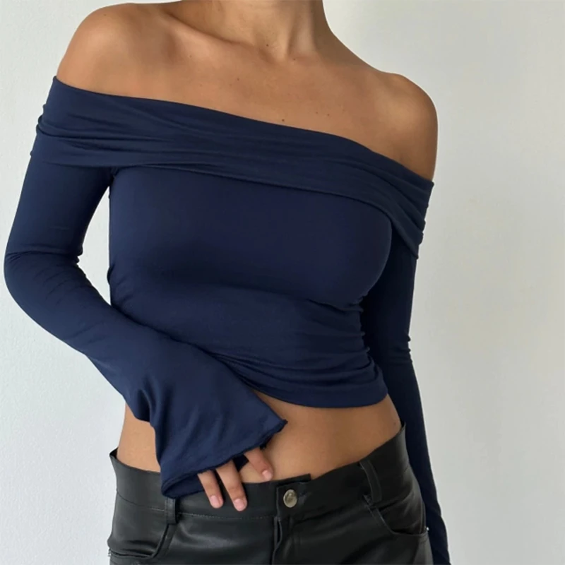 Women’s Off Shoulder Y2K Vintage Crop Tops Fashion Long Sleeve Solid Color Slim Fit Blouse T-Shirts Elegant Streetwear