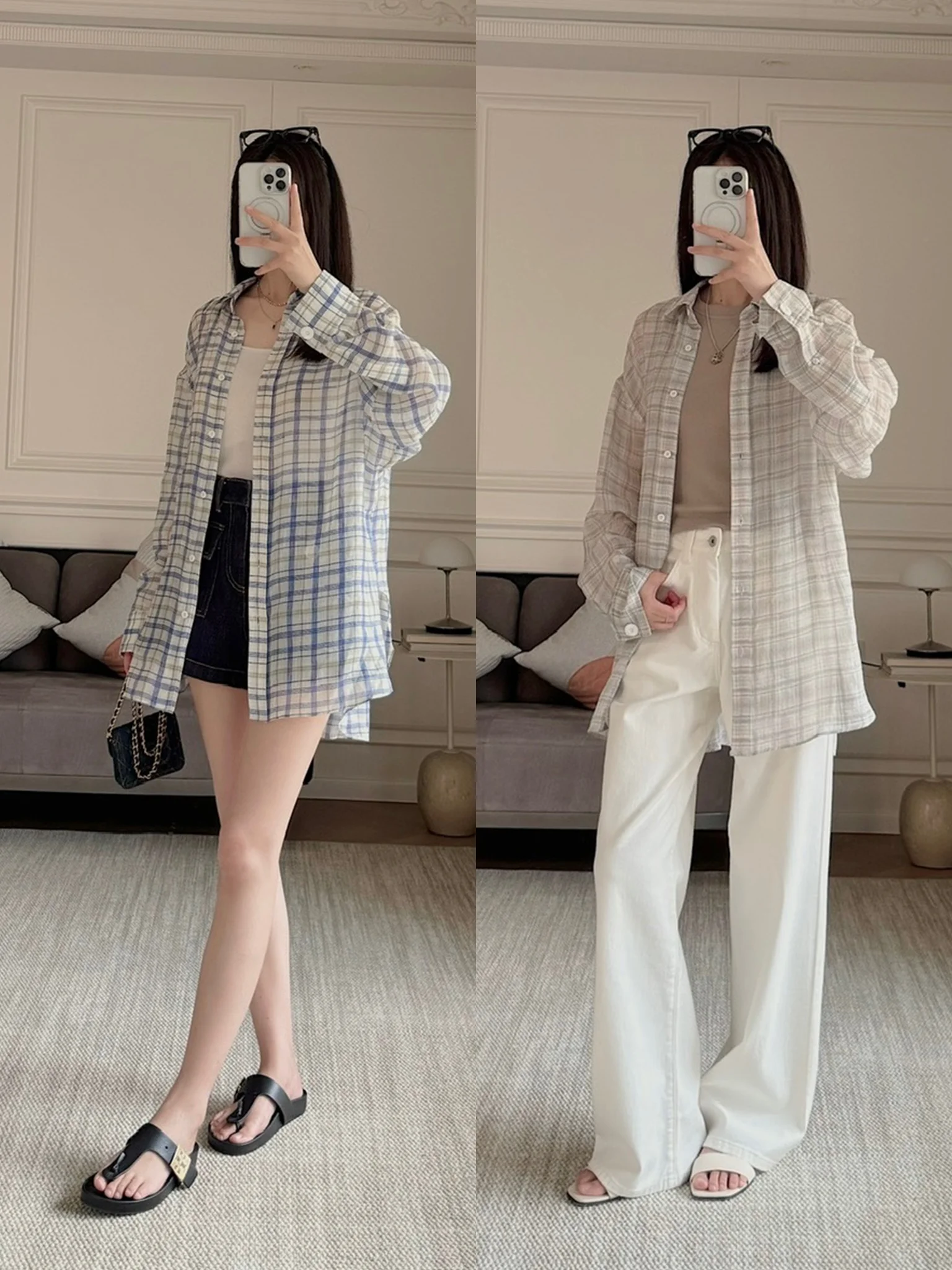 

Легкая льняная рубашка в клетку в винтажном стиле, повседневная, свободного кроя, с защитой от солнца, женская, с длинным рукавом, цвета Дали