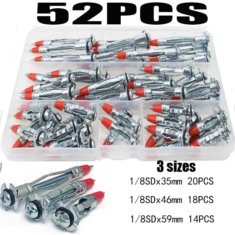 

52PCS 35mm 46mm 59mm of Galvanized Steel Hollow Wall Crive Anchor Screw Combination kit for Dry Wall Drywall Screws