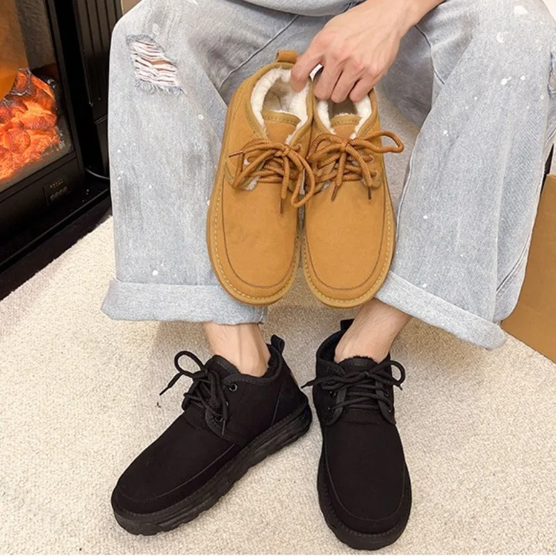 

Мужские зимние ботинки 2025, новая зимняя уличная легкая удобная нескользящая хлопковая обувь, утепленная плюшевая модная повседневная обувь на шнуровке