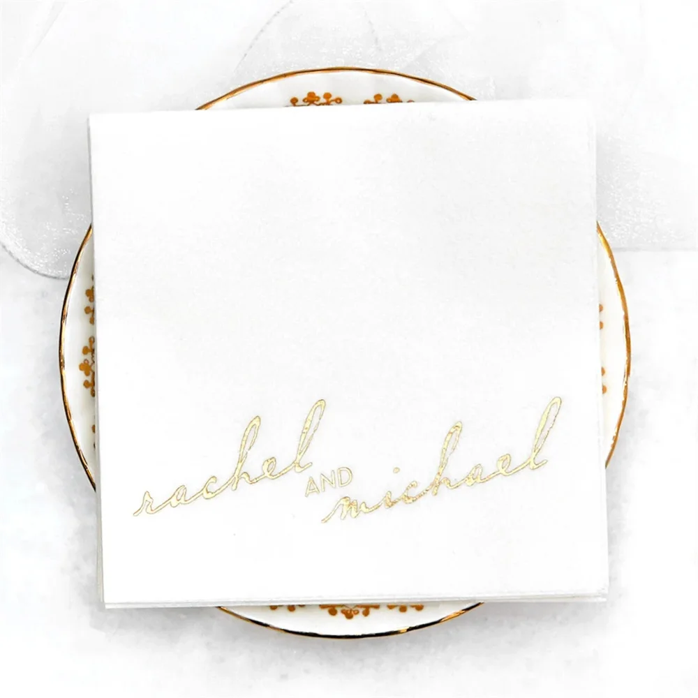 50PCS Personalized Names Cocktail Napkin - Vintage Modern Script Napkin- Foil Stamped, Linen Like Party Napkins, Wedding, Engage