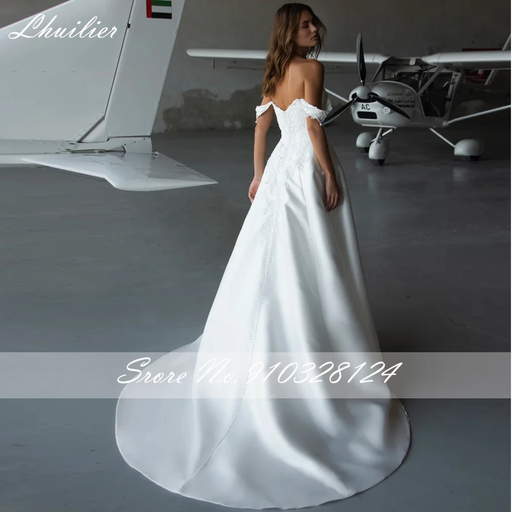 Lhuilier Abiti da sposa in raso personalizzati con linea A e spalle scoperte Abiti da sposa con perline e strascico