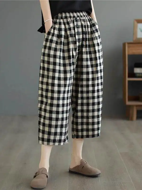 

2026 Summer New Fashion Casual Pants for Mom High Waist Straight Leg Cotton Blend Plaid Seven-Foot Women's Clothing