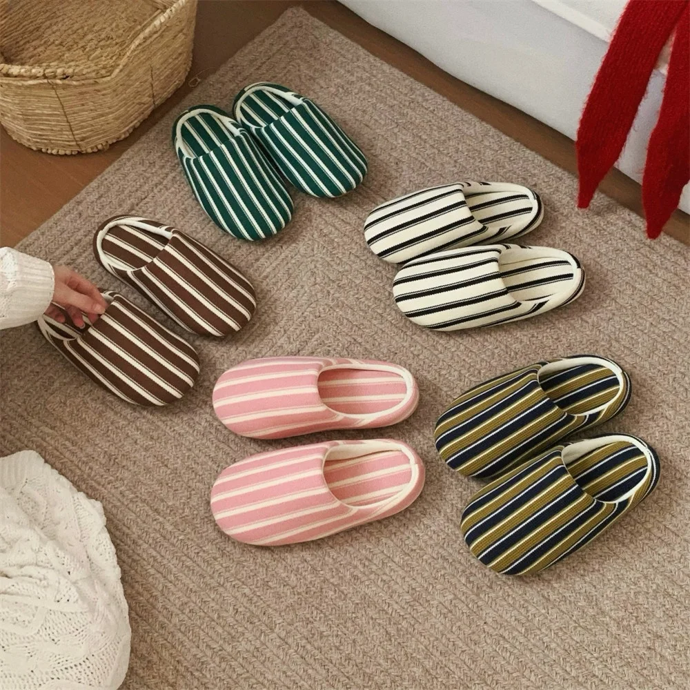 Zapatillas de estar por casa con rayas de colores contrastantes para parejas, absorbentes del sudor, de suela suave, de algodón y lino, para primavera y verano, para uso doméstico, para hombres y mujeres