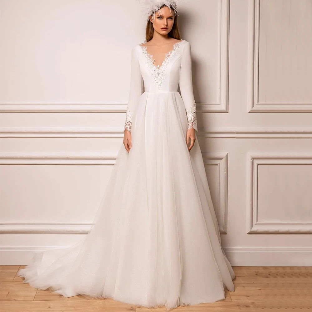 

Welove Satin and Tulle A-Line Wedding Dress Gorgeous Scoop Neck with Applique Long Sleeves Bridal Floor Length Sweep Train Gowns