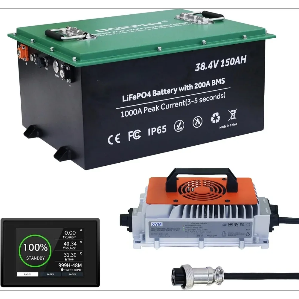 

36V Lithium Battery with Charger and LCD Monitor, 36V 150AH Lithium Golf Cart Battery with 200A BMS, 5.76kWh 36V Battery
