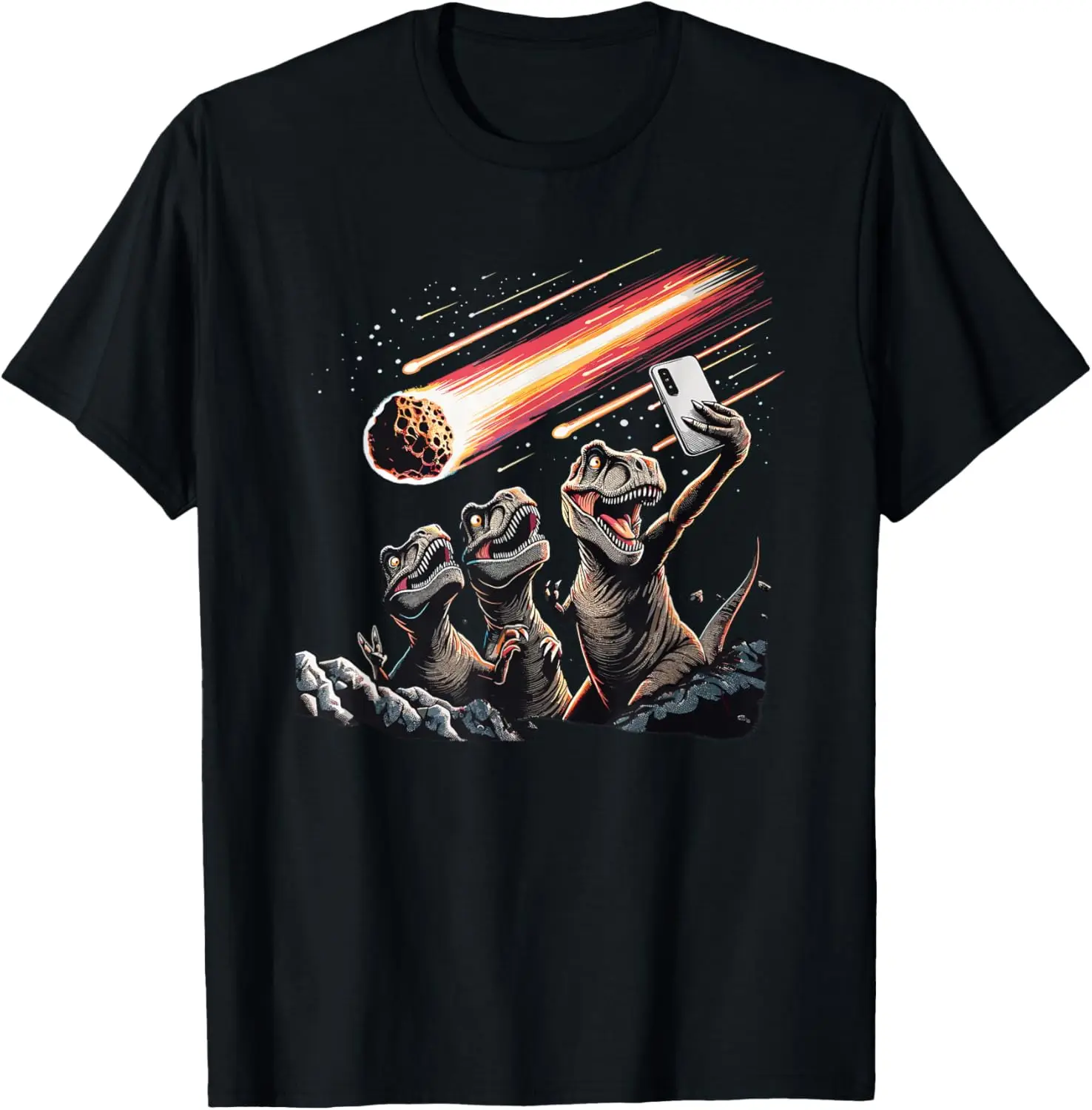 

Футболка с рисунком динозавра для селфи и метеора, забавная повседневная футболка с круглым вырезом в стиле ретро T-Rex Trip