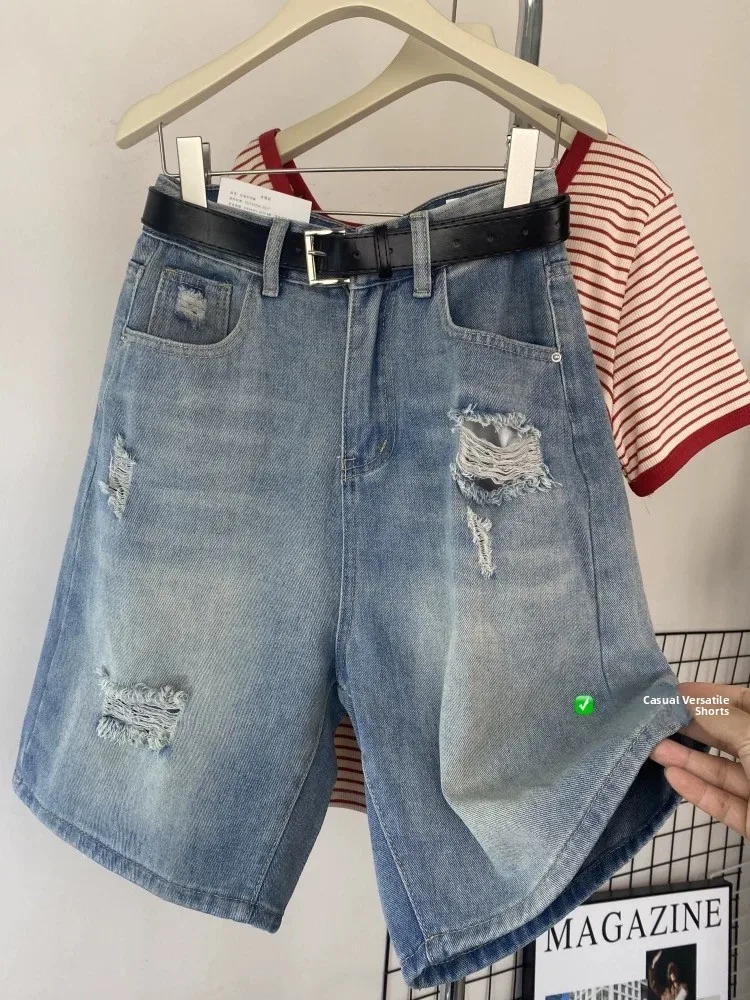 

American Retro Hole Five-Point Jeans Women's Summer plus Size High Waist Loose A-Line Straight Leg Pants Versatile Casual Jeans
