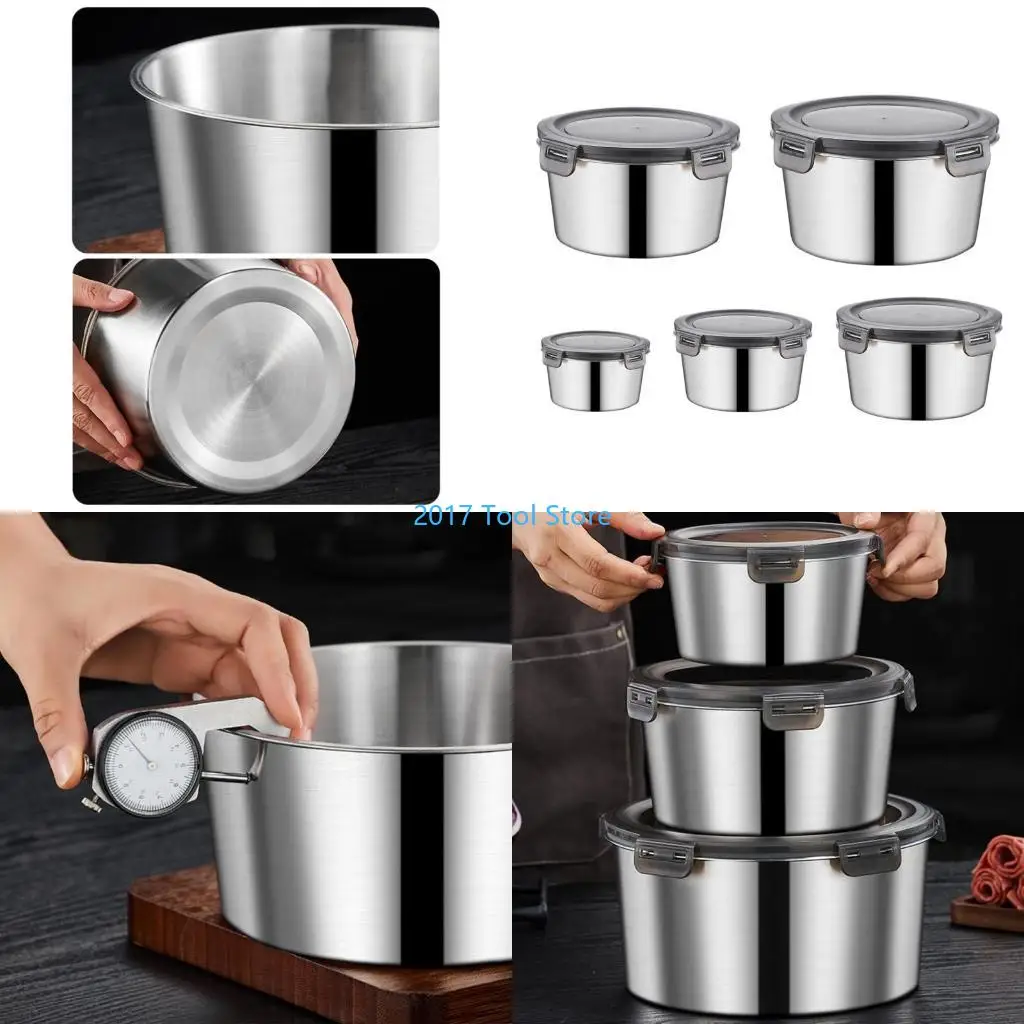 

K92A 5pcs Stainless Steel Storage Bowls Set with Secure Lid Lunch Container Box Efficient Organization Supplies