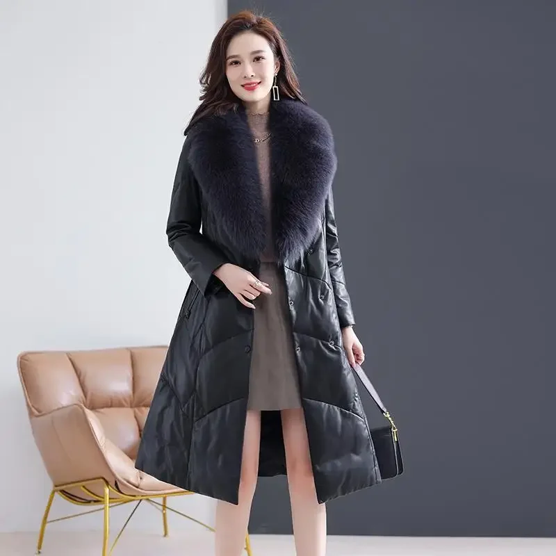 Genuine Leather Down Jacket Women Clothes 2023 Mid-long Pure Sheepskin Jacket Belt Fashion Trench Coat Female Big Fox Fur Collar