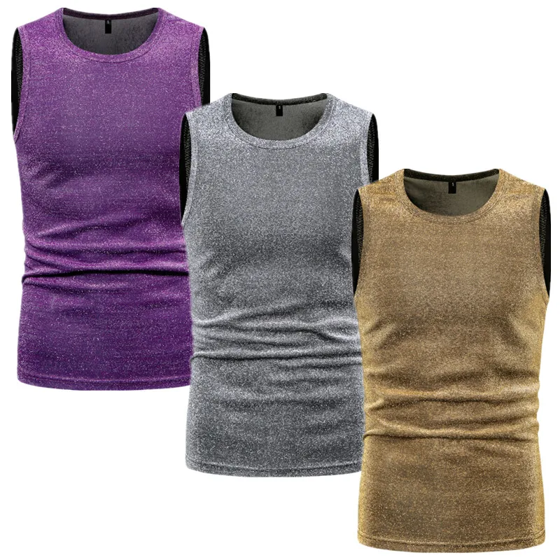 Summer Sleeveless Shinny Sihnny Tank Top Men Gold / Silver Streetwear Casual T-Shirts Mens Round Neck Small Elastic Tee Shirt