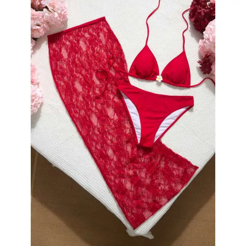 Sexy Neck Bikini Swimsuit Women's Three-piece Red Lace See-through Dress Blouse Swimsuit Women