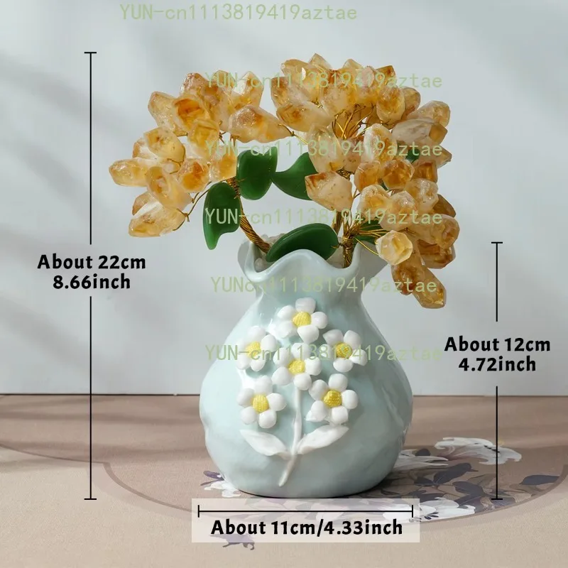 Natural citrine crystal flower tree bonsai blue vase handmade gemstone ornament home decoration lucky feng shui gifts