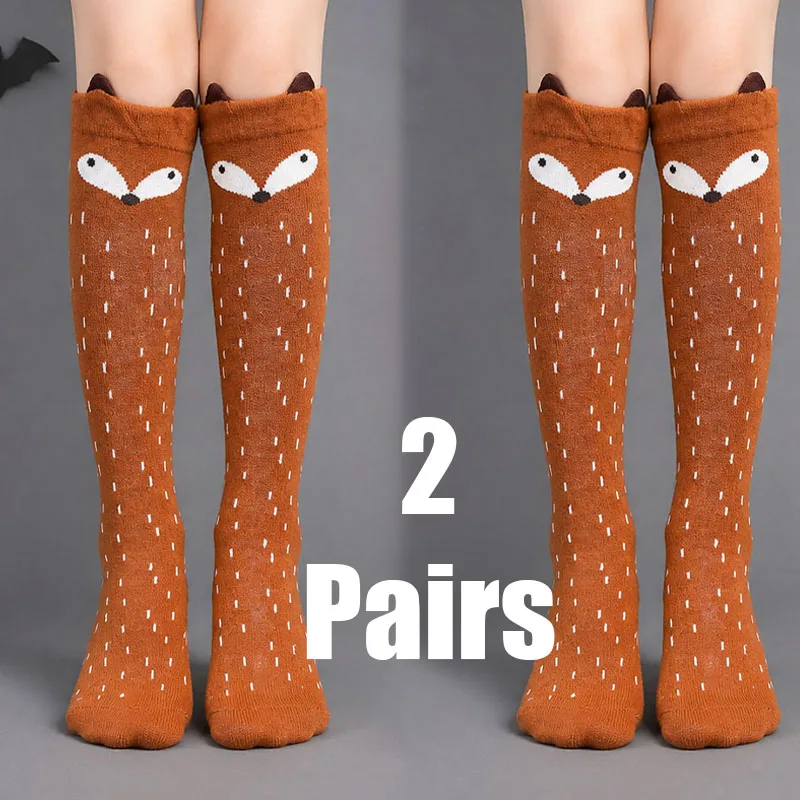 2 Pairs Kids Calf Socks 3D Fox Ears Cartoon Stretchy Ribbed Cuff Autumn Halloween Socks for Boys Girls